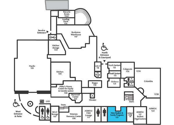 Werner University Center first floor plan, highlighting the New Student & Family Programs Office