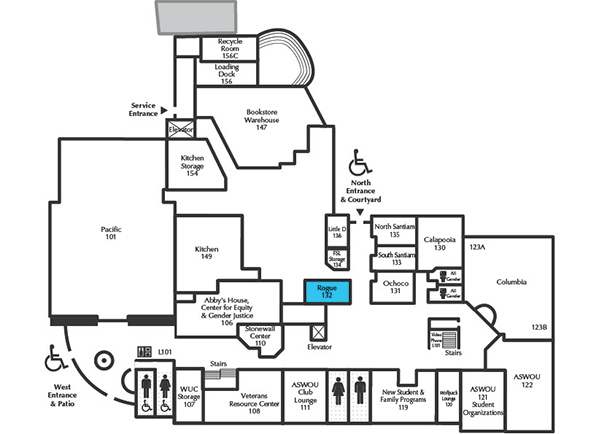 Werner University Center first floor plan, highlighting the Rogue Room