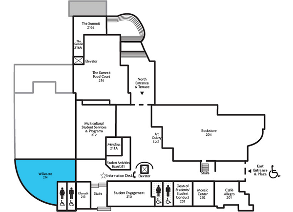 Werner University Center second floor plan, highlighting the Willamette Room