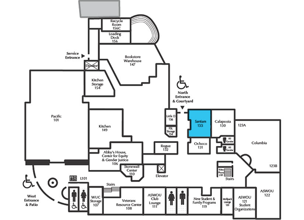 Werner University Center first floor plan, highlighting the Santiam Room